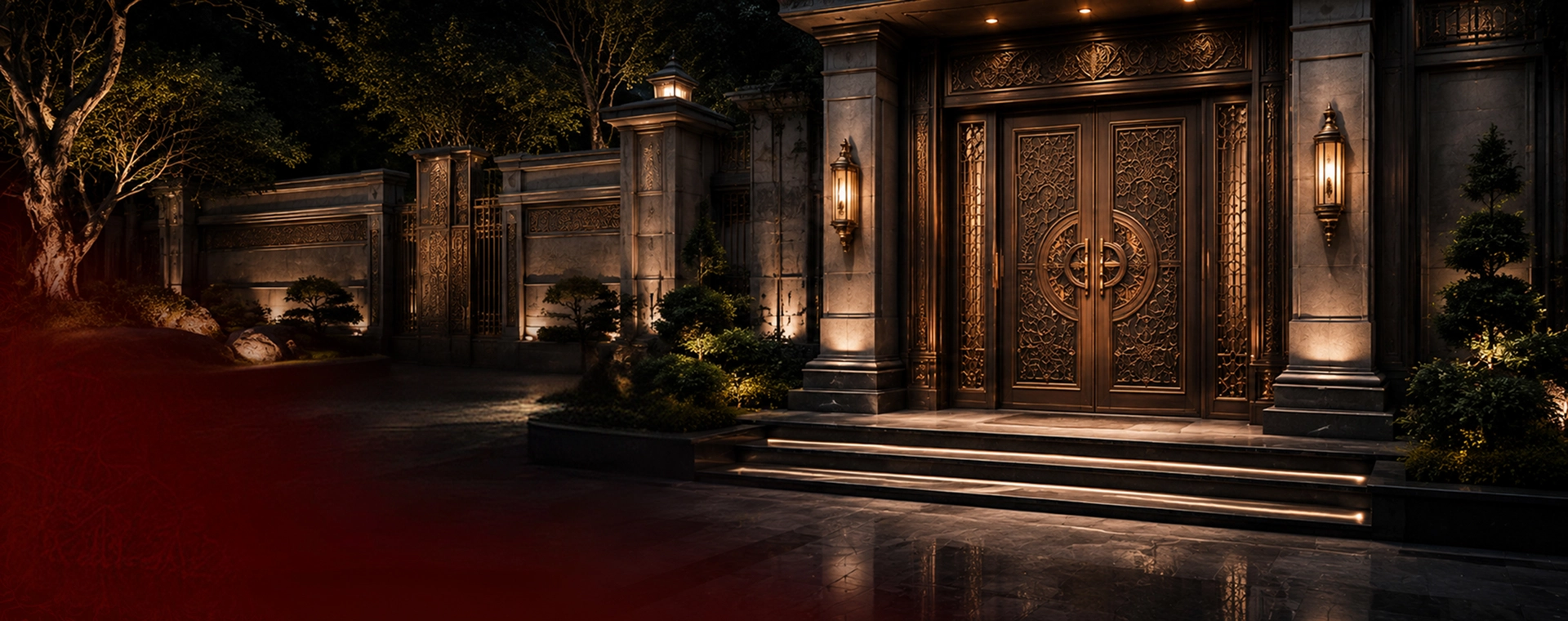 Luxury bronze villa entrance at night